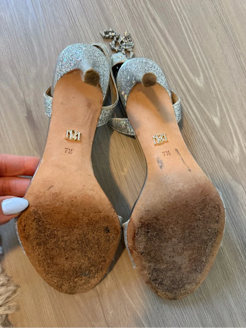 Badgley Mischka Silver Glitter Crystal-Embellished Slingback Heels